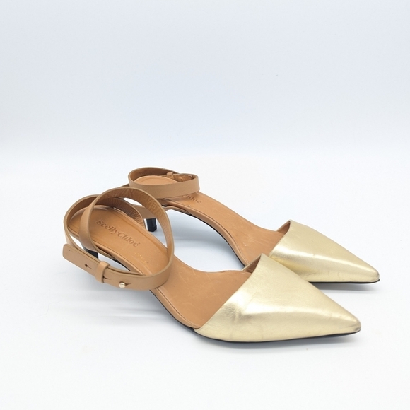 See By Chloe Shoes - CHLOE See by Chloe Leather Strappy Pointed Toe Gold Kitted Heels